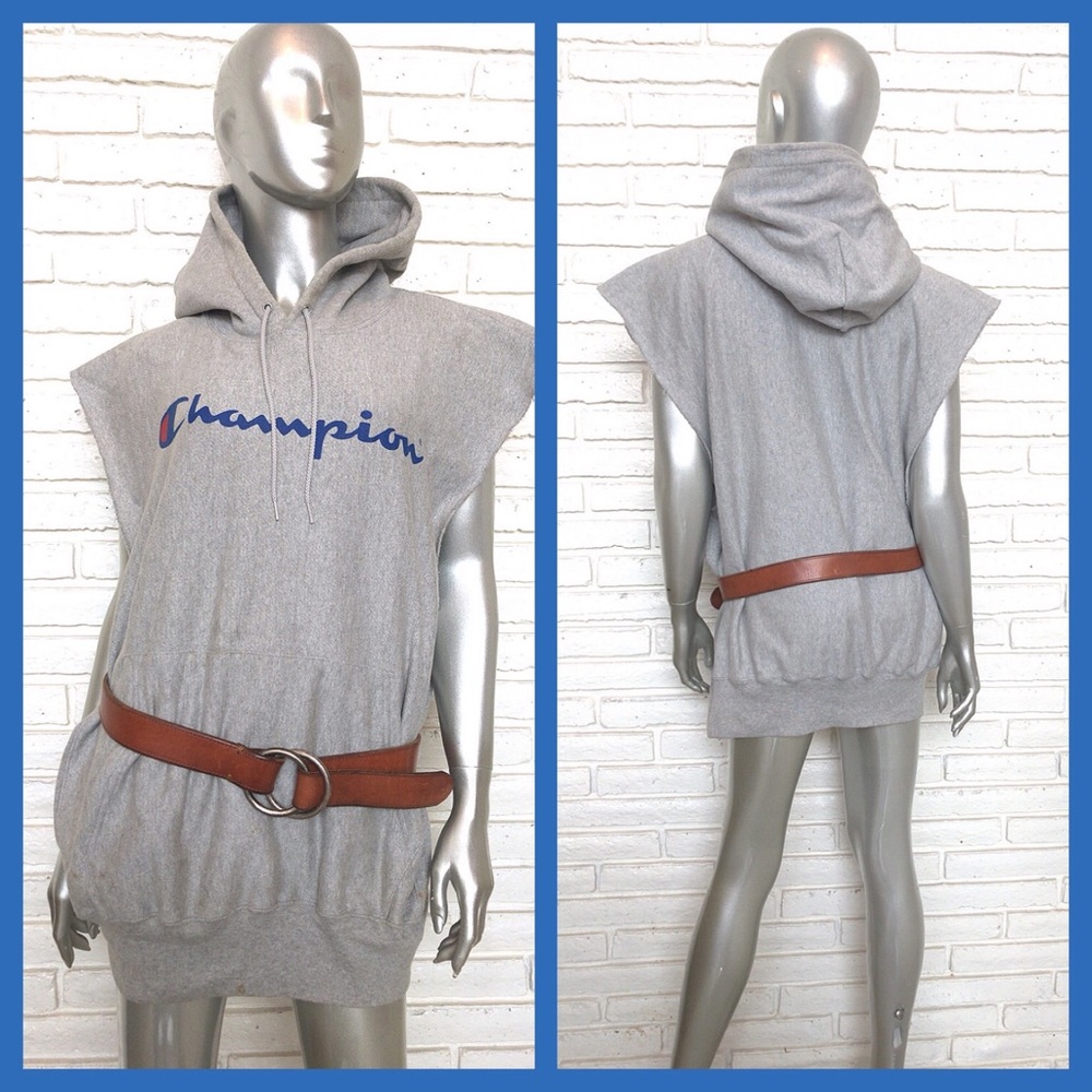 Champion Hooded Gray Sweatshirt Cut Off Sleeves L